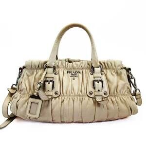 Prada Nappa Gaufre Gathered Leather Tote Shoulder Bag beige White